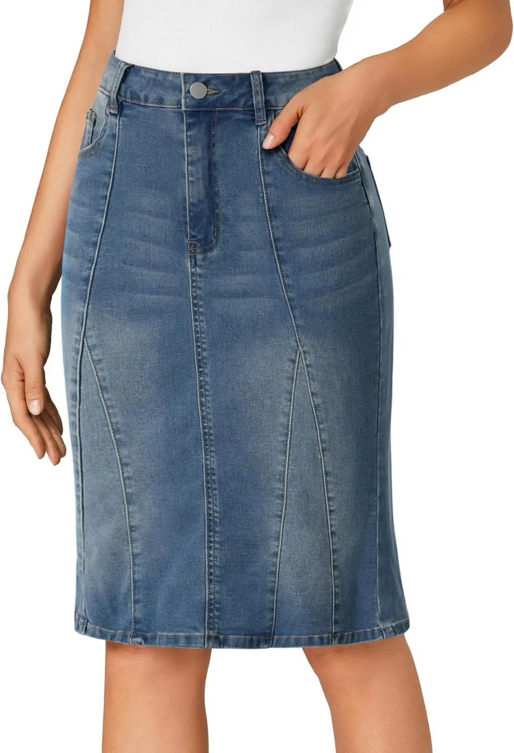 LYANER Women's Denim High Waisted Knee Length Pencil Mermaid Stretch Jean Skirt