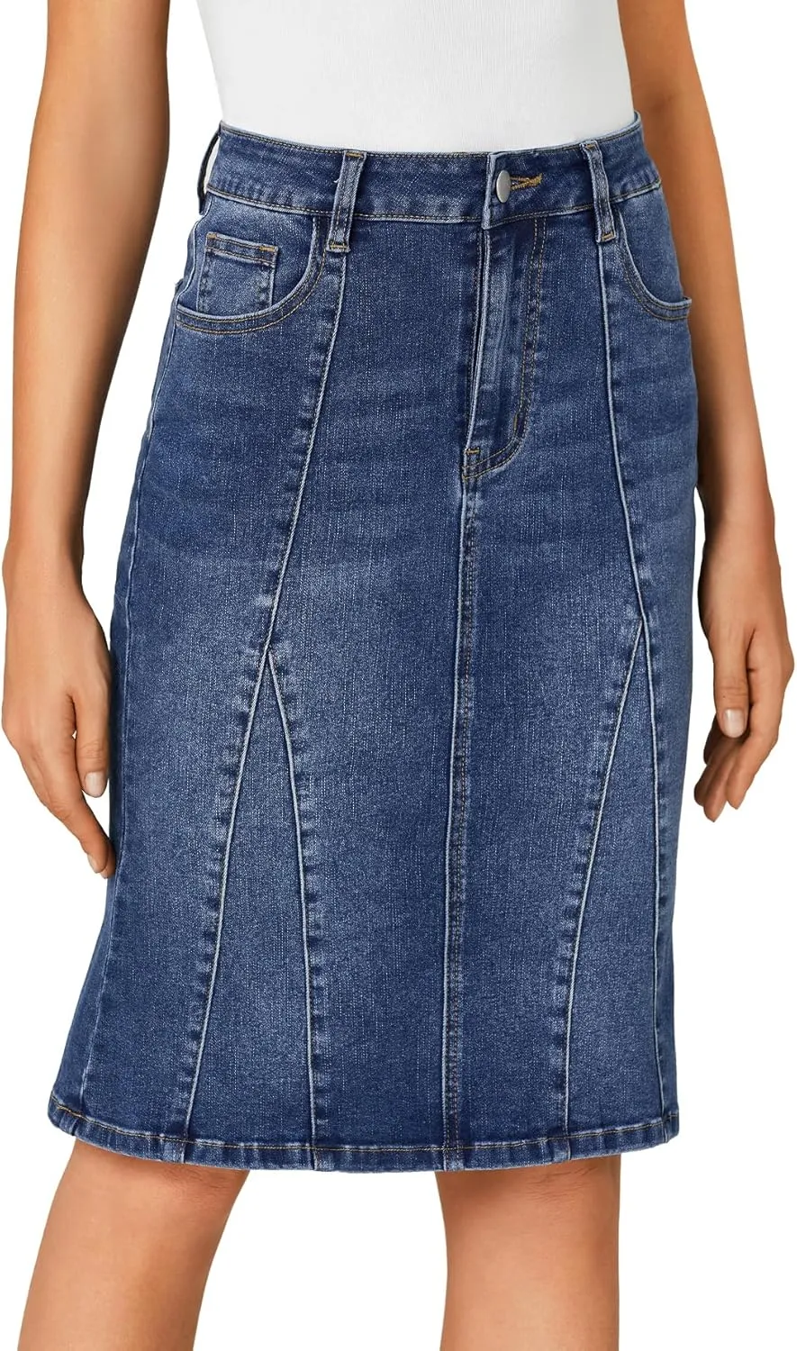 LYANER Women's Denim High Waisted Knee Length Pencil Mermaid Stretch Jean Skirt