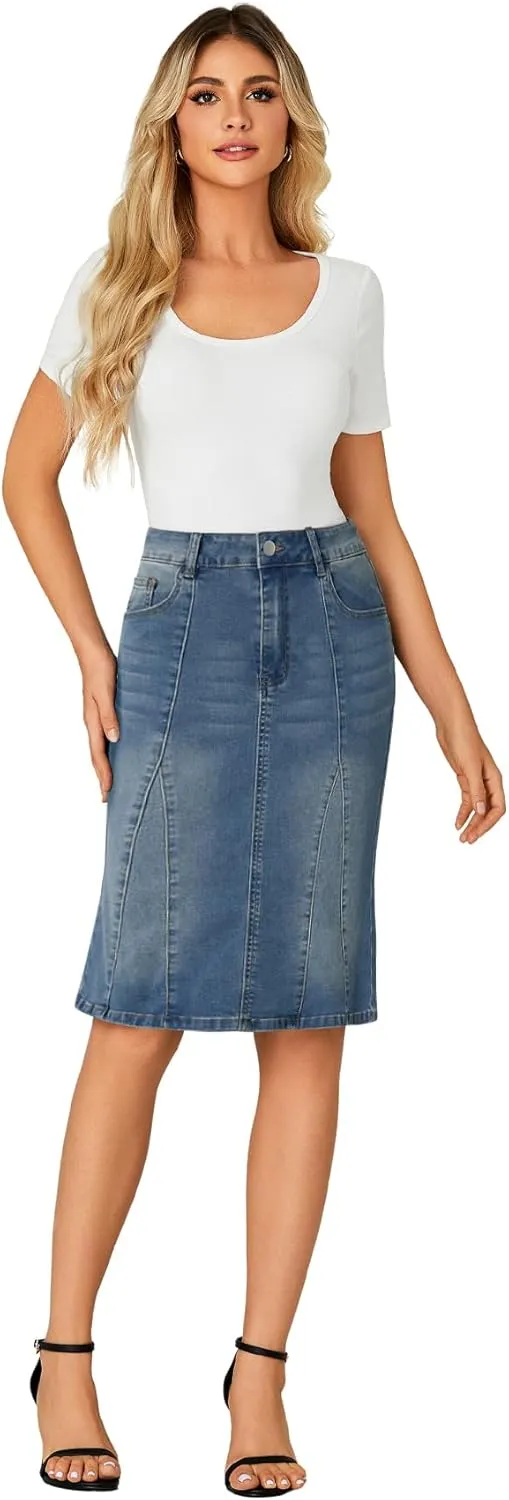 LYANER Women's Denim High Waisted Knee Length Pencil Mermaid Stretch Jean Skirt
