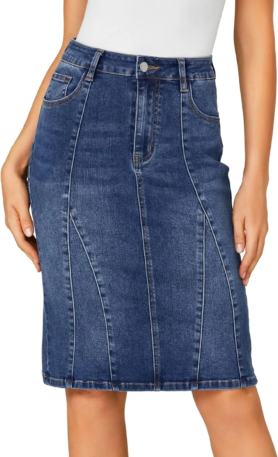 LYANER Women's Denim High Waisted Knee Length Pencil Mermaid Stretch Jean Skirt