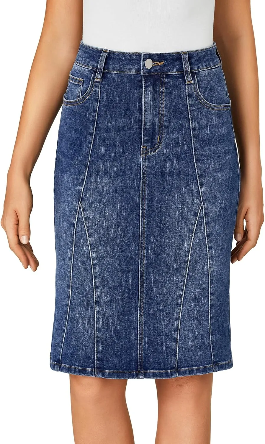 LYANER Women's Denim High Waisted Knee Length Pencil Mermaid Stretch Jean Skirt