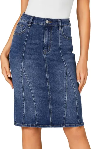 LYANER Women's Denim High Waisted Knee Length Pencil Mermaid Stretch Jean Skirt