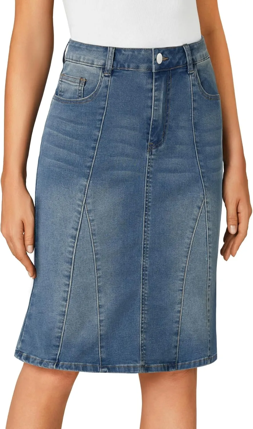 LYANER Women's Denim High Waisted Knee Length Pencil Mermaid Stretch Jean Skirt