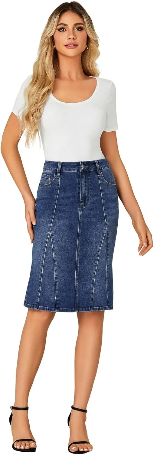 LYANER Women's Denim High Waisted Knee Length Pencil Mermaid Stretch Jean Skirt