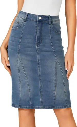 LYANER Women's Denim High Waisted Knee Length Pencil Mermaid Stretch Jean Skirt