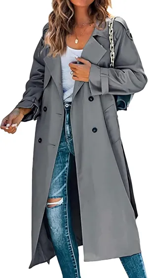 Maiyifu-GJ Trench Coat for Women Fall Winter Jackets Slim Fit Long Sleeve Windbreaker Lapel Double Breasted Trench Coat