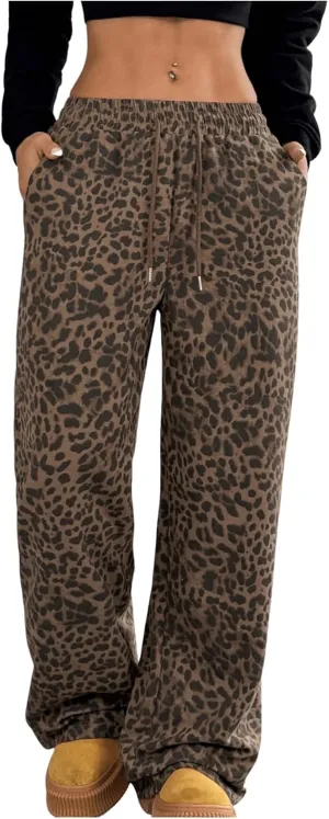 MakeMeChic Women's Leopard Print Pants Wide Leg Elastic Waist Cheetah Print Y2K Trousers