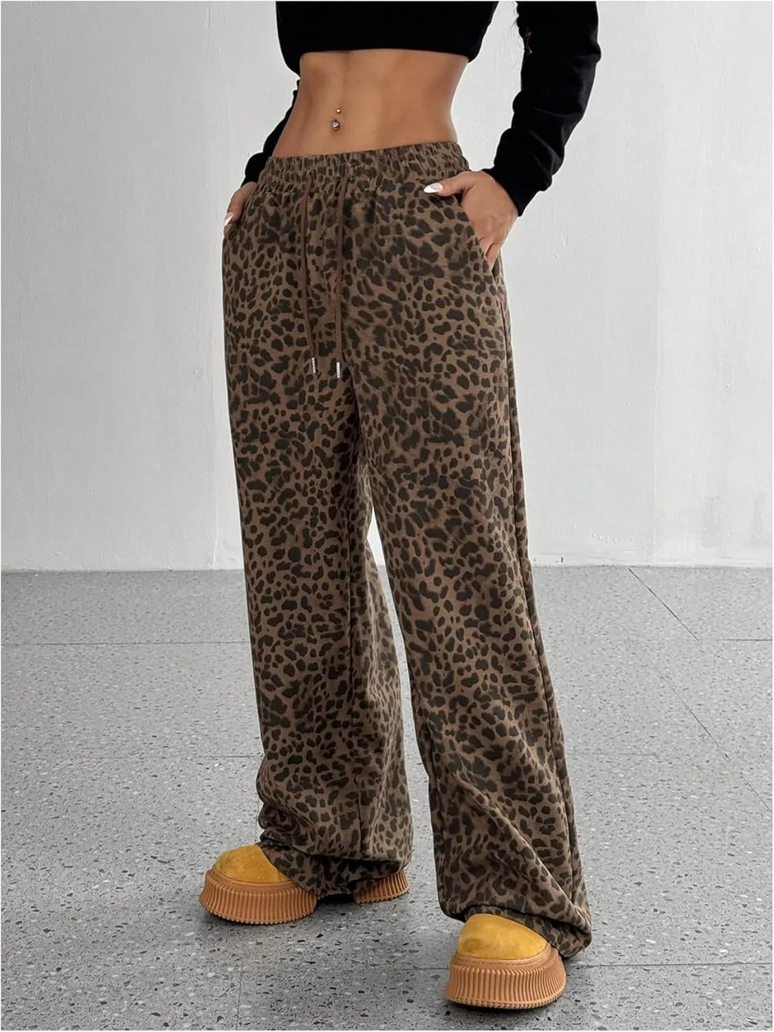 MakeMeChic Women's Leopard Print Pants Wide Leg Elastic Waist Cheetah Print Y2K Trousers
