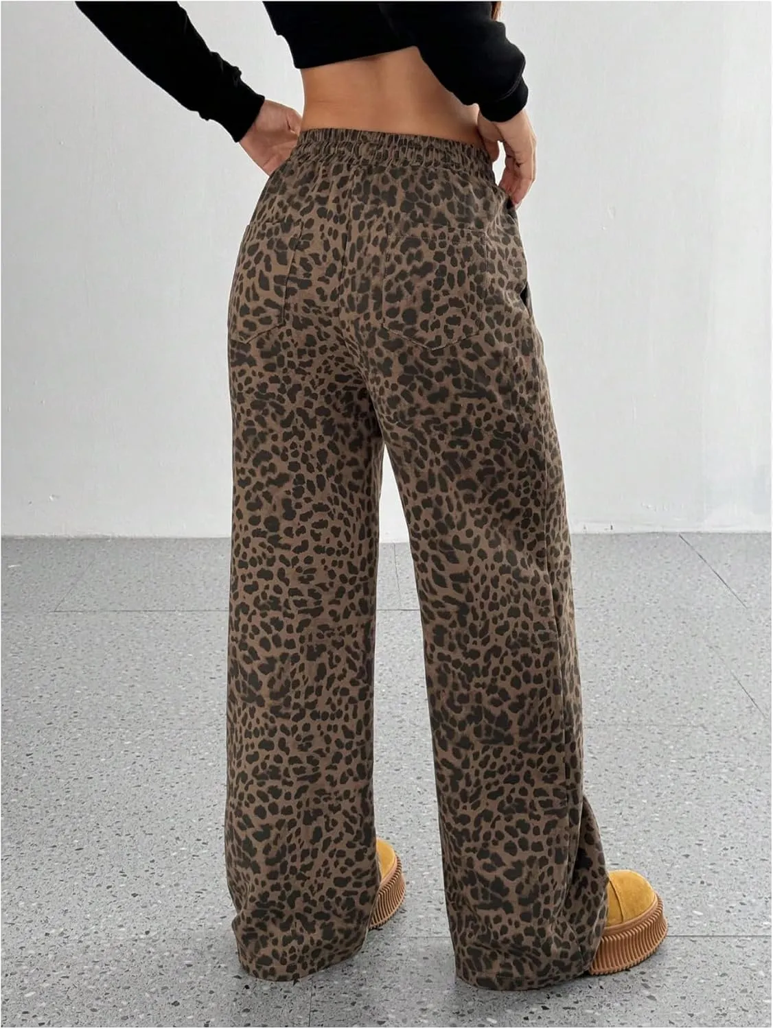 MakeMeChic Women's Leopard Print Pants Wide Leg Elastic Waist Cheetah Print Y2K Trousers