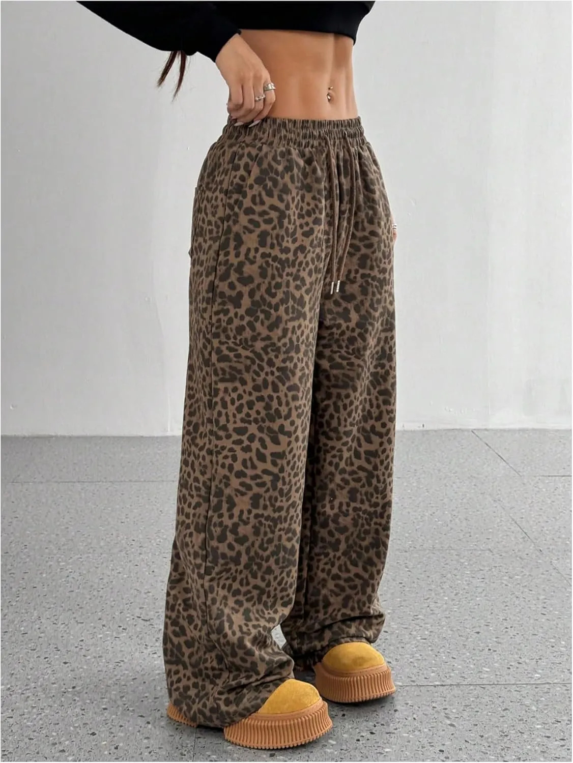 MakeMeChic Women's Leopard Print Pants Wide Leg Elastic Waist Cheetah Print Y2K Trousers