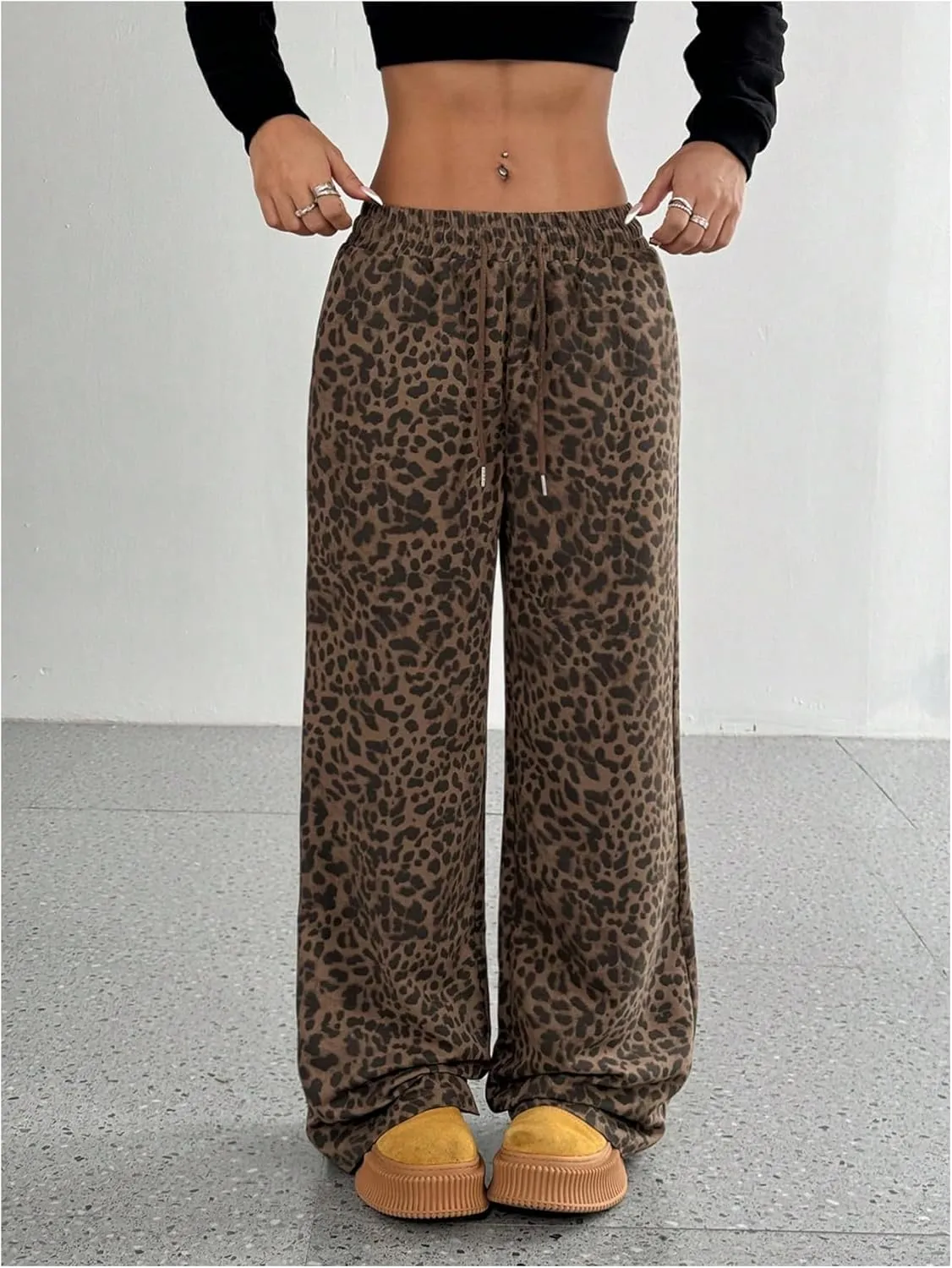 MakeMeChic Women's Leopard Print Pants Wide Leg Elastic Waist Cheetah Print Y2K Trousers
