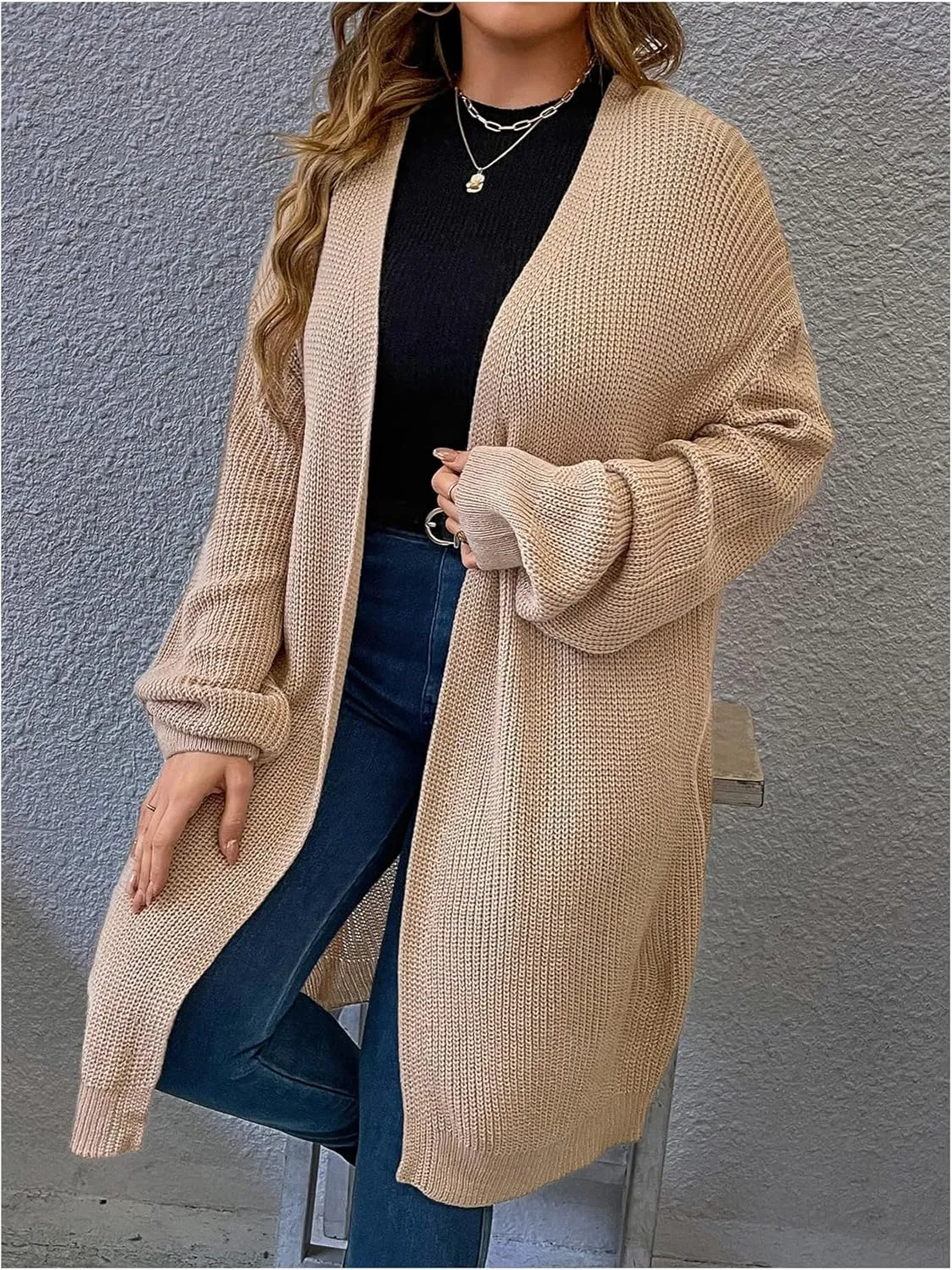 MakeMeChic Women's Plus Size Cardigan Long Sleeve Open Front Duster Cardigans Casual Knitted Sweater
