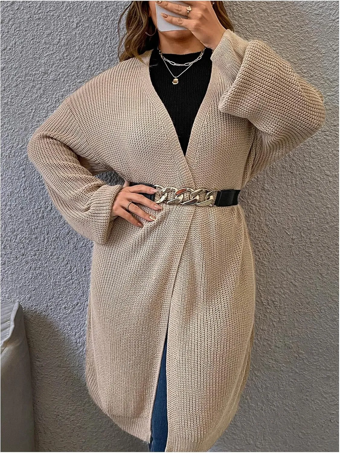 MakeMeChic Women's Plus Size Cardigan Long Sleeve Open Front Duster Cardigans Casual Knitted Sweater