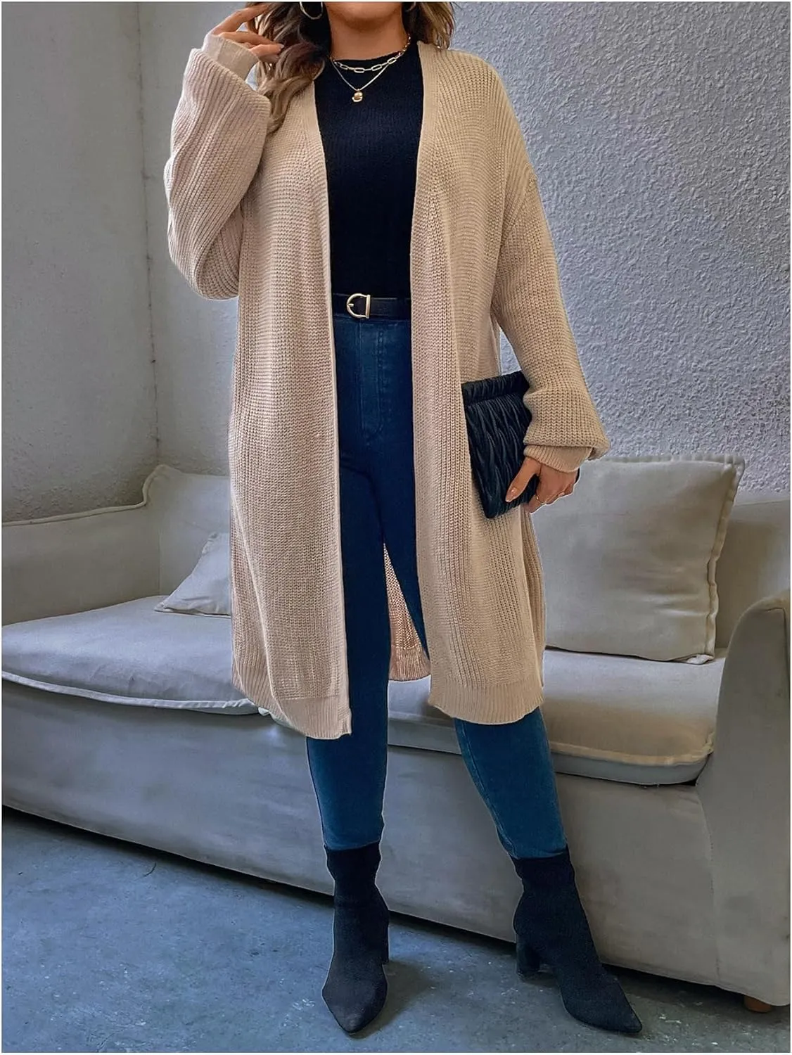 MakeMeChic Women's Plus Size Cardigan Long Sleeve Open Front Duster Cardigans Casual Knitted Sweater