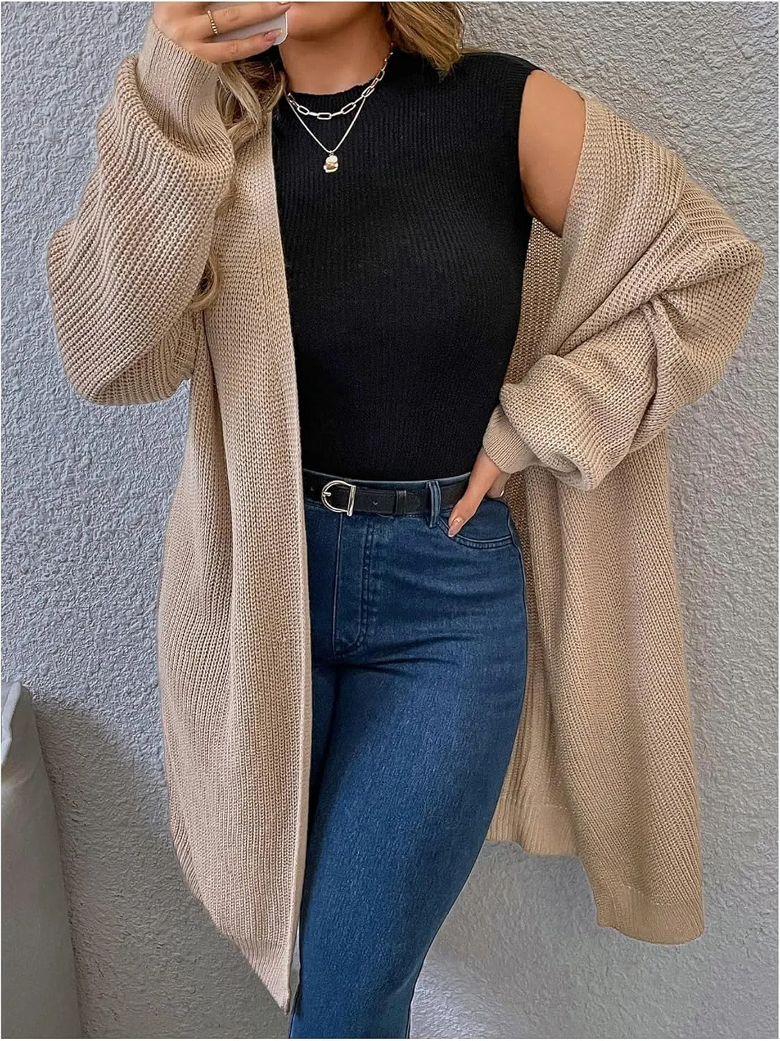 MakeMeChic Women's Plus Size Cardigan Long Sleeve Open Front Duster Cardigans Casual Knitted Sweater