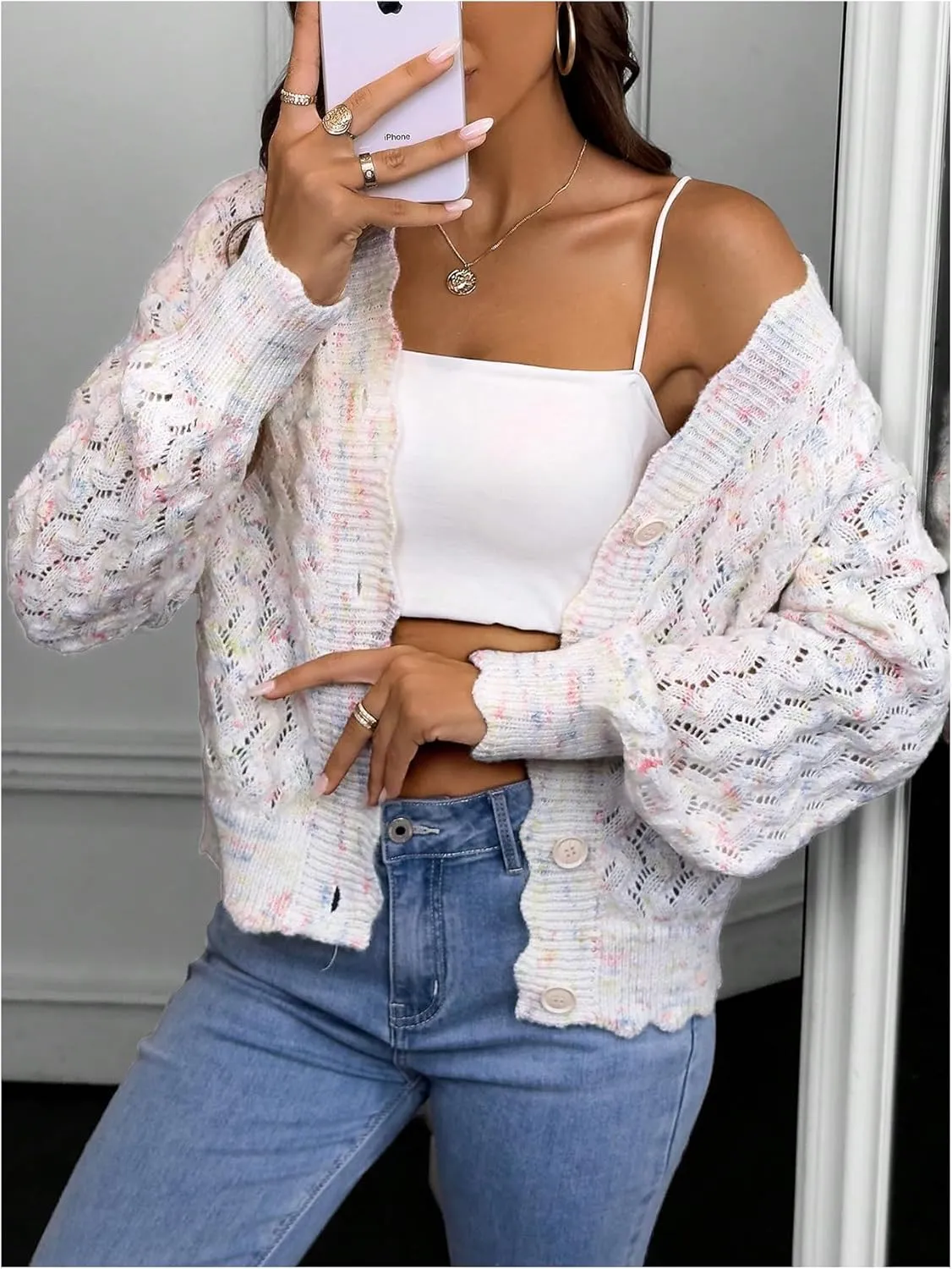 MakeMeChic Women's Tie Dye V Neck Button Down Cardigan Scallop Trim Long Sleeve Sweater Cardigans
