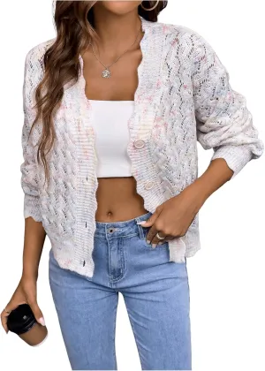 MakeMeChic Women's Tie Dye V Neck Button Down Cardigan Scallop Trim Long Sleeve Sweater Cardigans