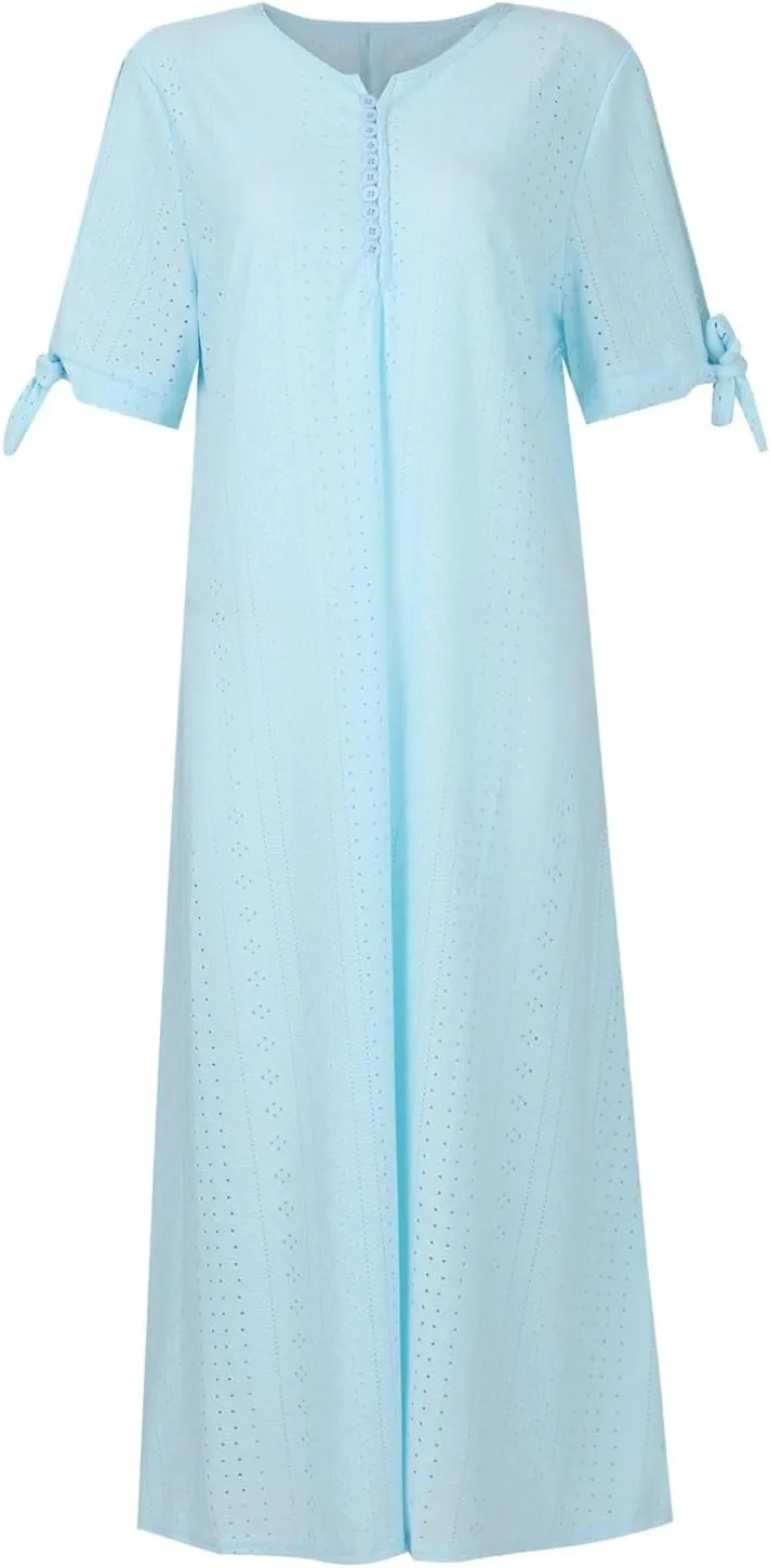 Maxi Dresses for Women 2025 Short Sleeve V Neck Eyelet Summer Dresses Trendy Long Boho Midi Shirt Dresses with Pockets