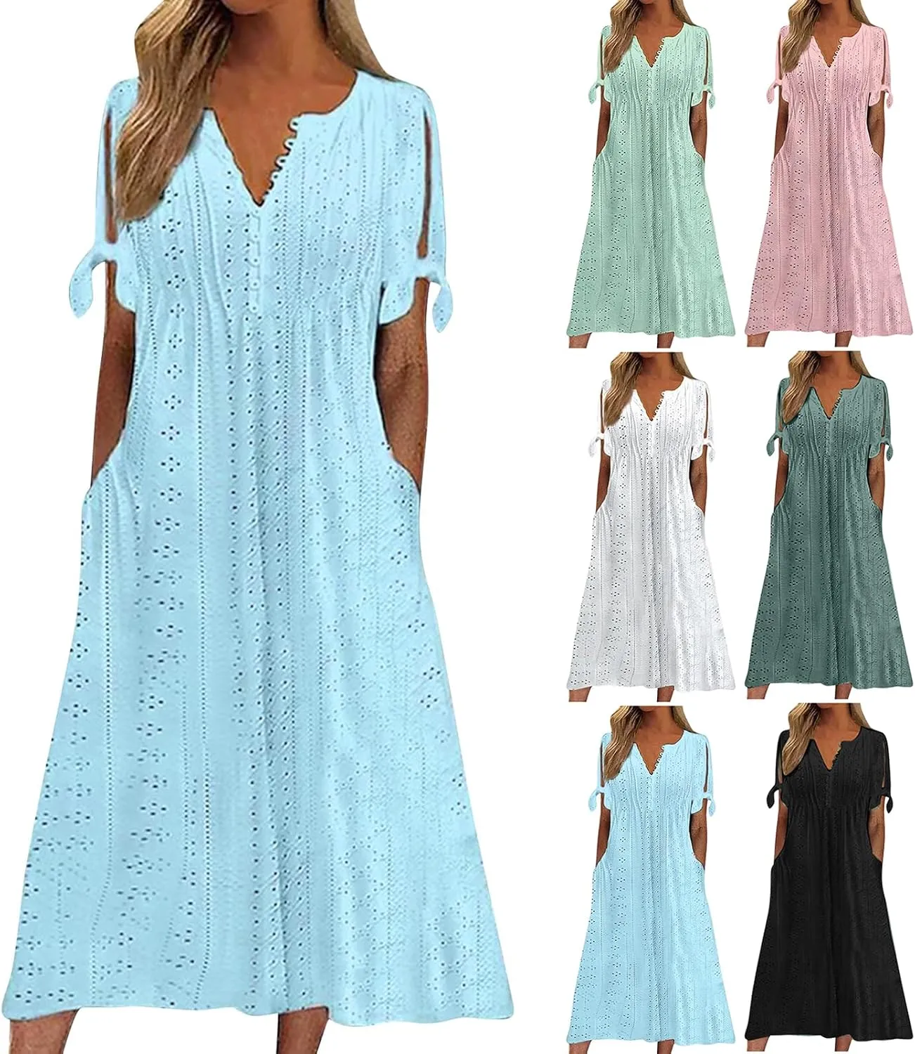 Maxi Dresses for Women 2025 Short Sleeve V Neck Eyelet Summer Dresses Trendy Long Boho Midi Shirt Dresses with Pockets