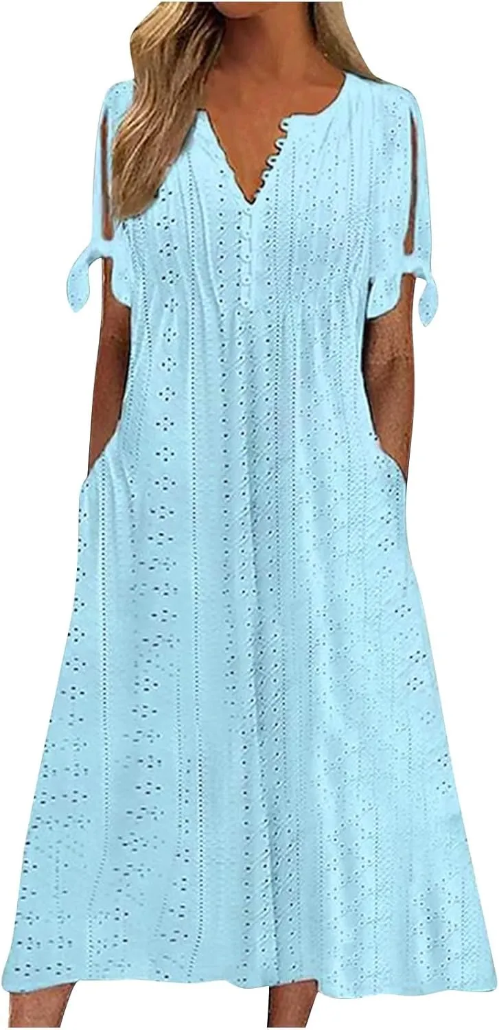 Maxi Dresses for Women 2025 Short Sleeve V Neck Eyelet Summer Dresses Trendy Long Boho Midi Shirt Dresses with Pockets