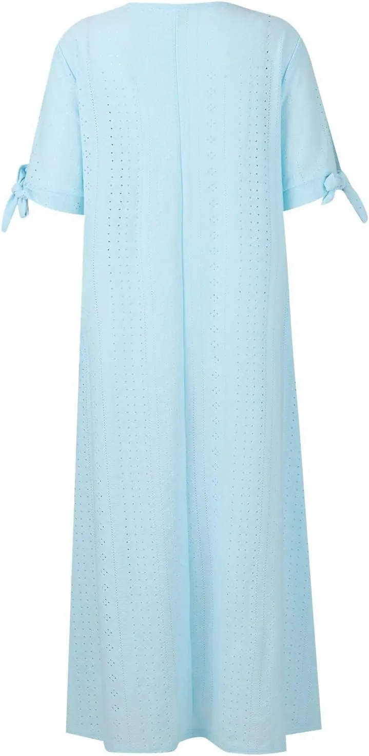 Maxi Dresses for Women 2025 Short Sleeve V Neck Eyelet Summer Dresses Trendy Long Boho Midi Shirt Dresses with Pockets