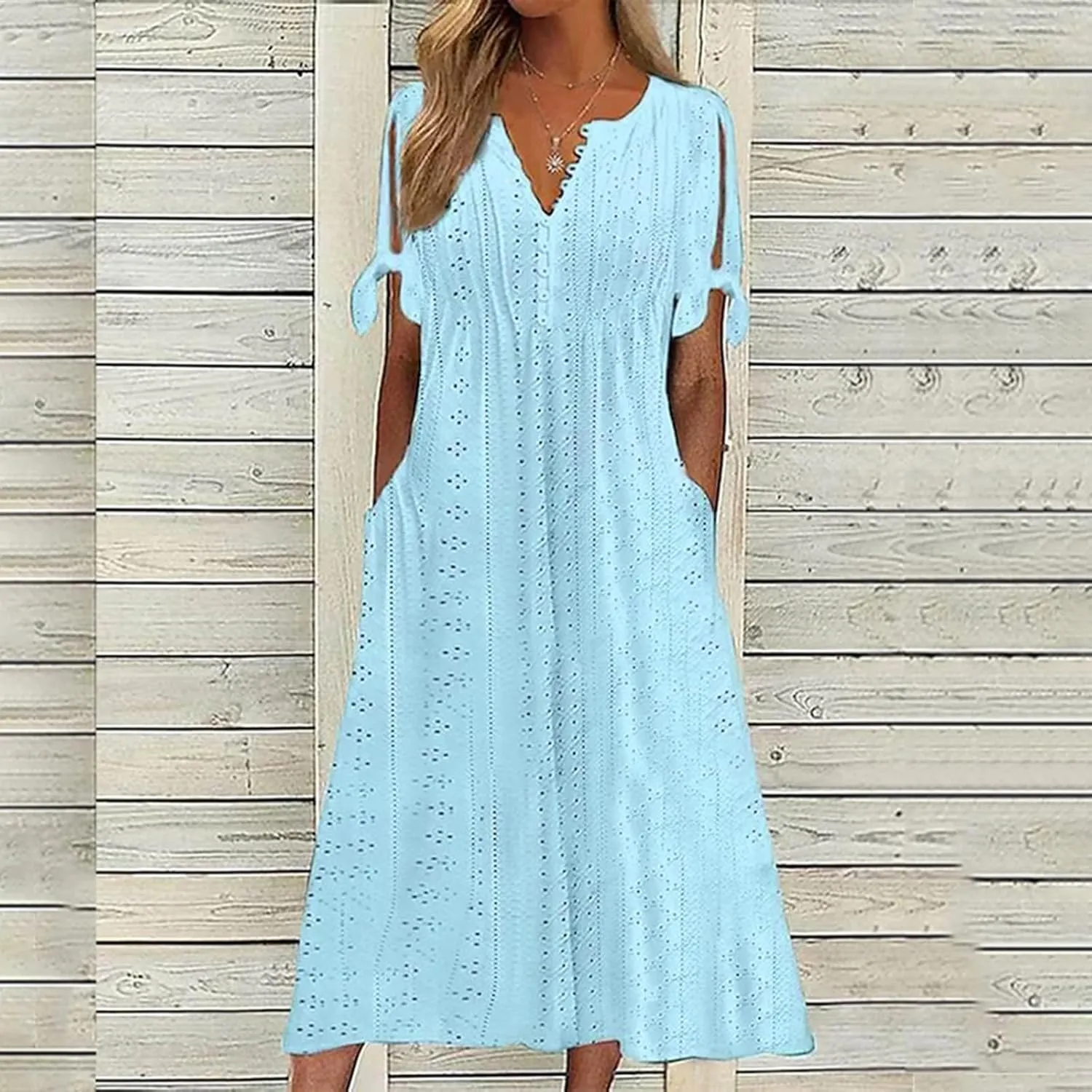 Maxi Dresses for Women 2025 Short Sleeve V Neck Eyelet Summer Dresses Trendy Long Boho Midi Shirt Dresses with Pockets