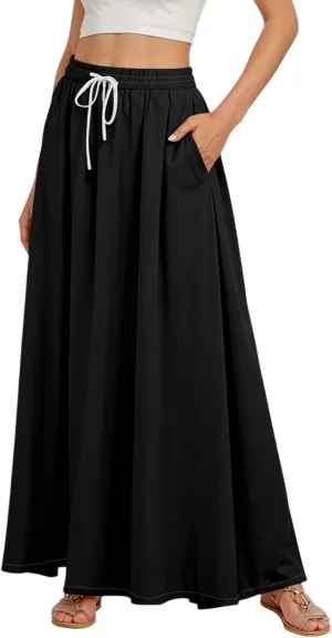 Maxi Skirts for Women Summer High Waist A Line Ruffle Long Skirt Solid Elegant Boho Flowy Beach Skirts with Pockets