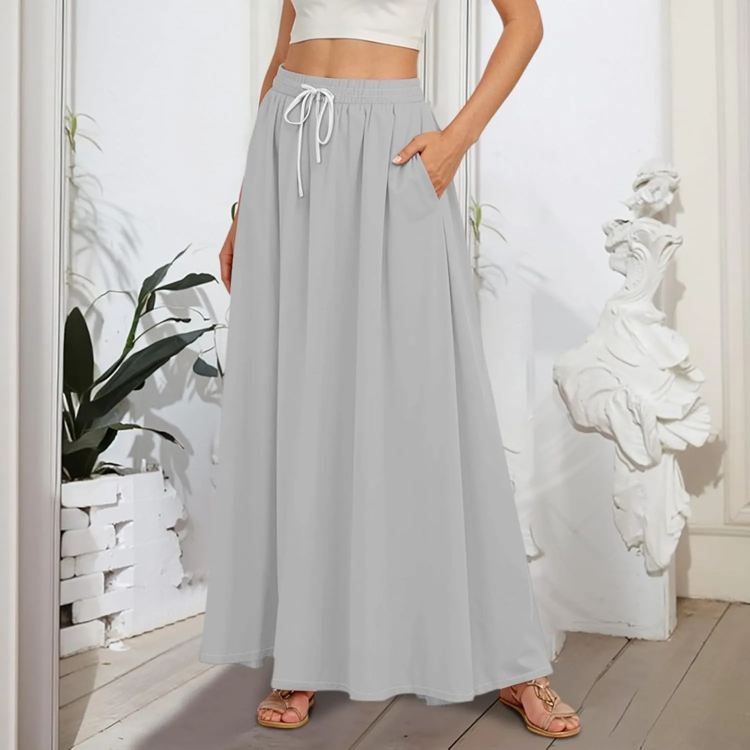 Maxi Skirts for Women Summer High Waist A Line Ruffle Long Skirt Solid Elegant Boho Flowy Beach Skirts with Pockets