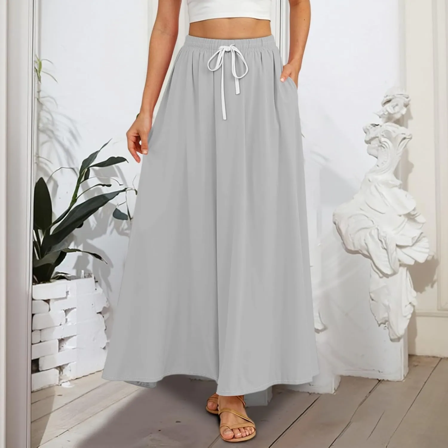 Maxi Skirts for Women Summer High Waist A Line Ruffle Long Skirt Solid Elegant Boho Flowy Beach Skirts with Pockets