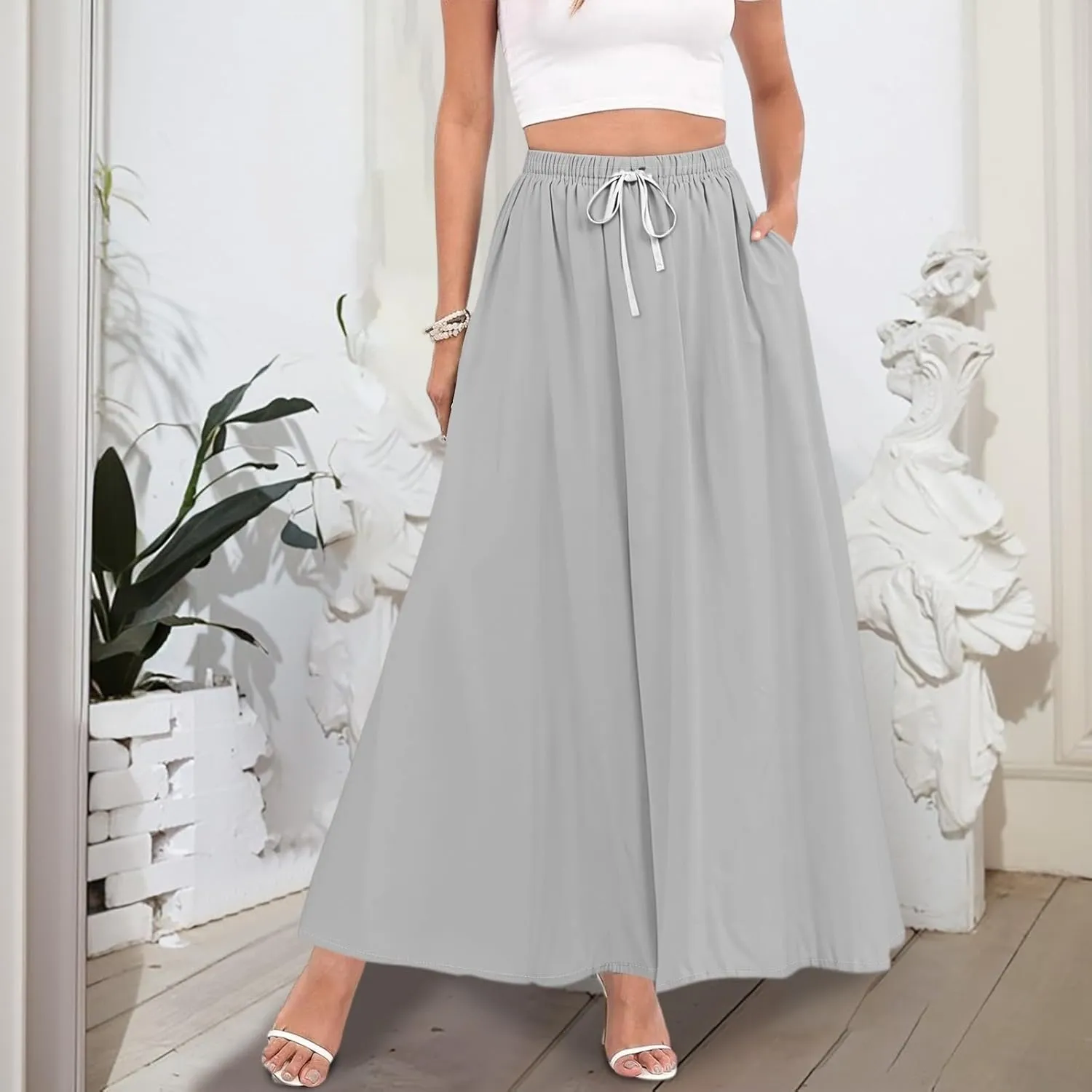 Maxi Skirts for Women Summer High Waist A Line Ruffle Long Skirt Solid Elegant Boho Flowy Beach Skirts with Pockets
