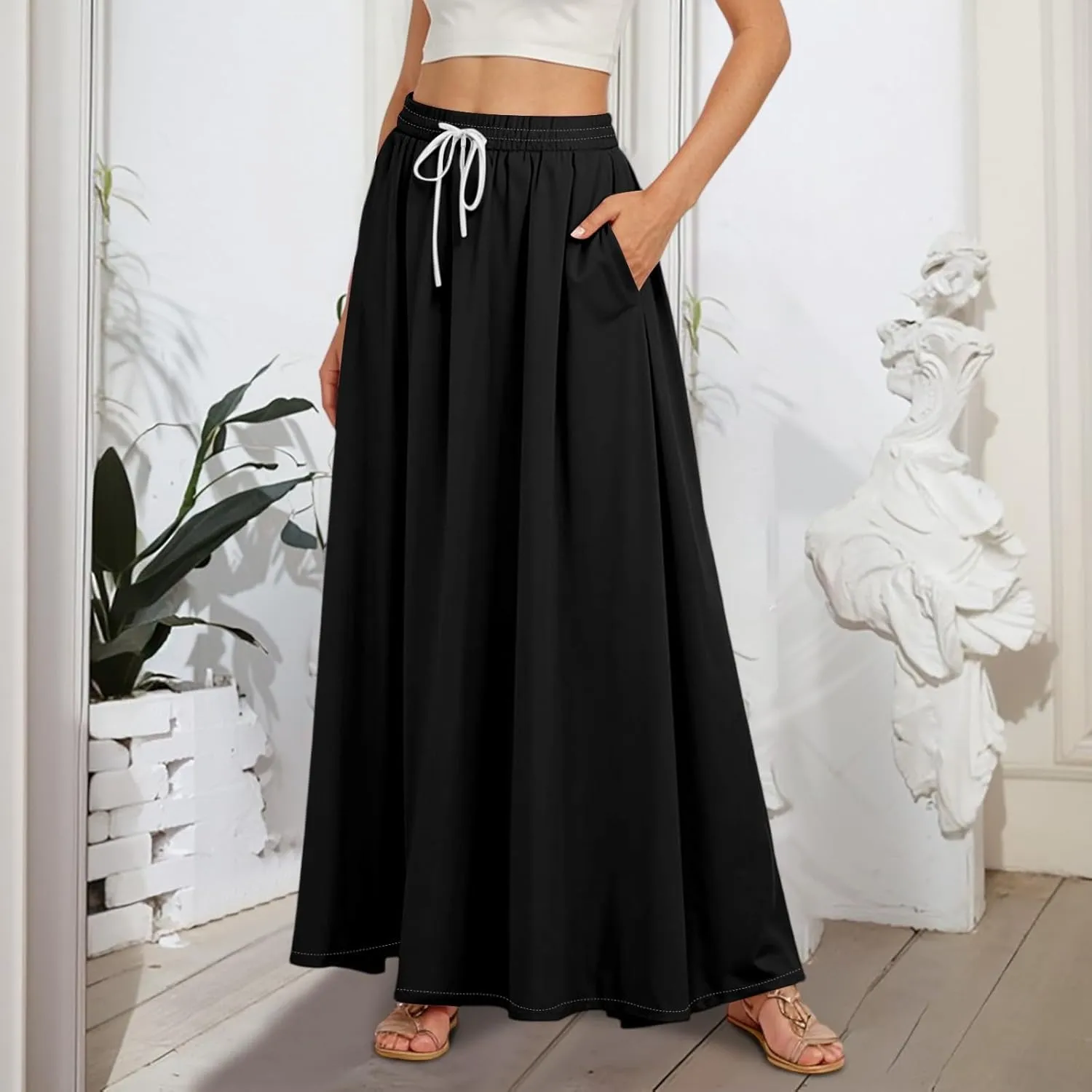 Maxi Skirts for Women Summer High Waist A Line Ruffle Long Skirt Solid Elegant Boho Flowy Beach Skirts with Pockets