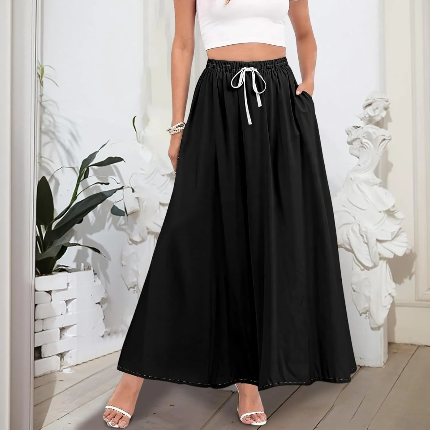 Maxi Skirts for Women Summer High Waist A Line Ruffle Long Skirt Solid Elegant Boho Flowy Beach Skirts with Pockets