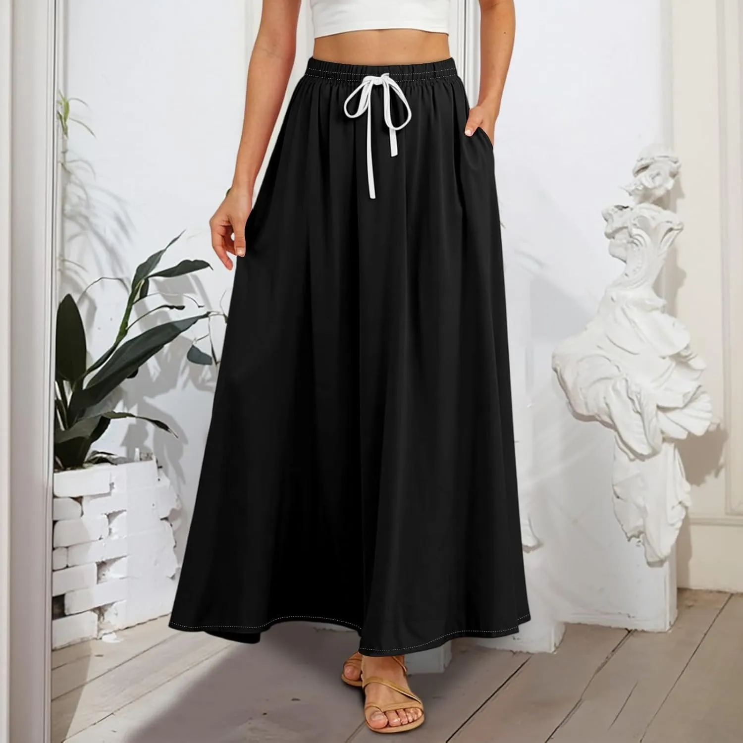 Maxi Skirts for Women Summer High Waist A Line Ruffle Long Skirt Solid Elegant Boho Flowy Beach Skirts with Pockets