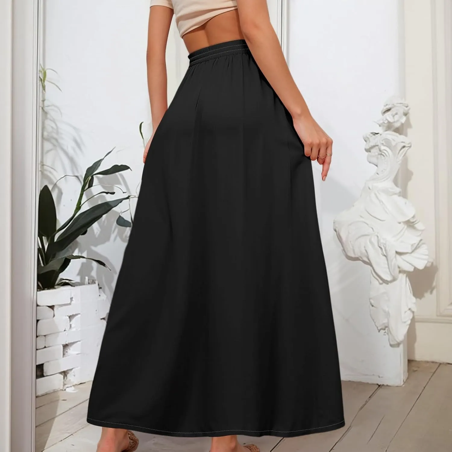 Maxi Skirts for Women Summer High Waist A Line Ruffle Long Skirt Solid Elegant Boho Flowy Beach Skirts with Pockets