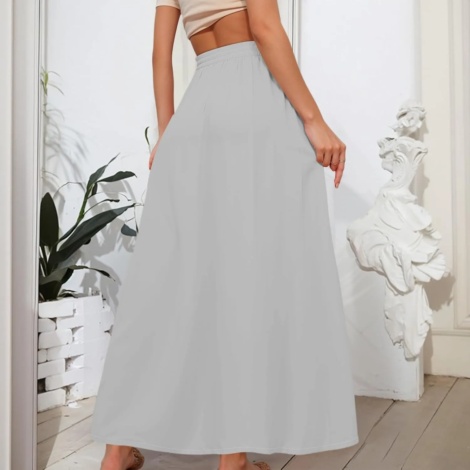 Maxi Skirts for Women Summer High Waist A Line Ruffle Long Skirt Solid Elegant Boho Flowy Beach Skirts with Pockets