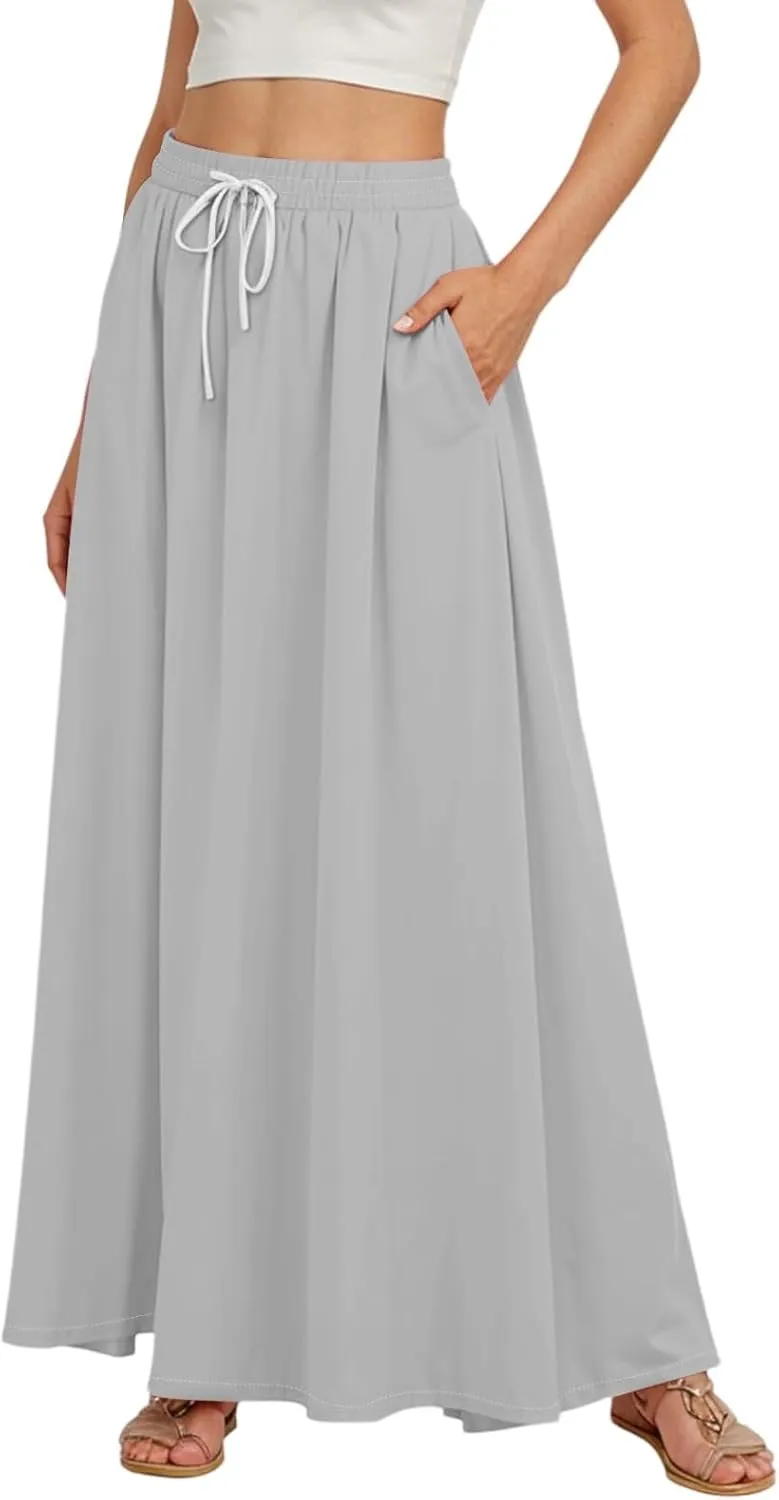 Maxi Skirts for Women Summer High Waist A Line Ruffle Long Skirt Solid Elegant Boho Flowy Beach Skirts with Pockets