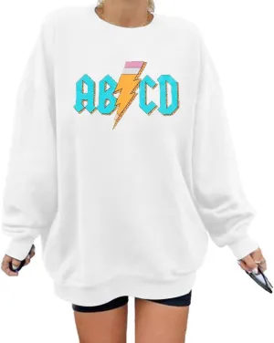 MAXIMGR Teacher Sweatshirt Women Oversized Rock'n Roll Sweatshirt ABCD Alphabet Graphic Back to School Pullover Top