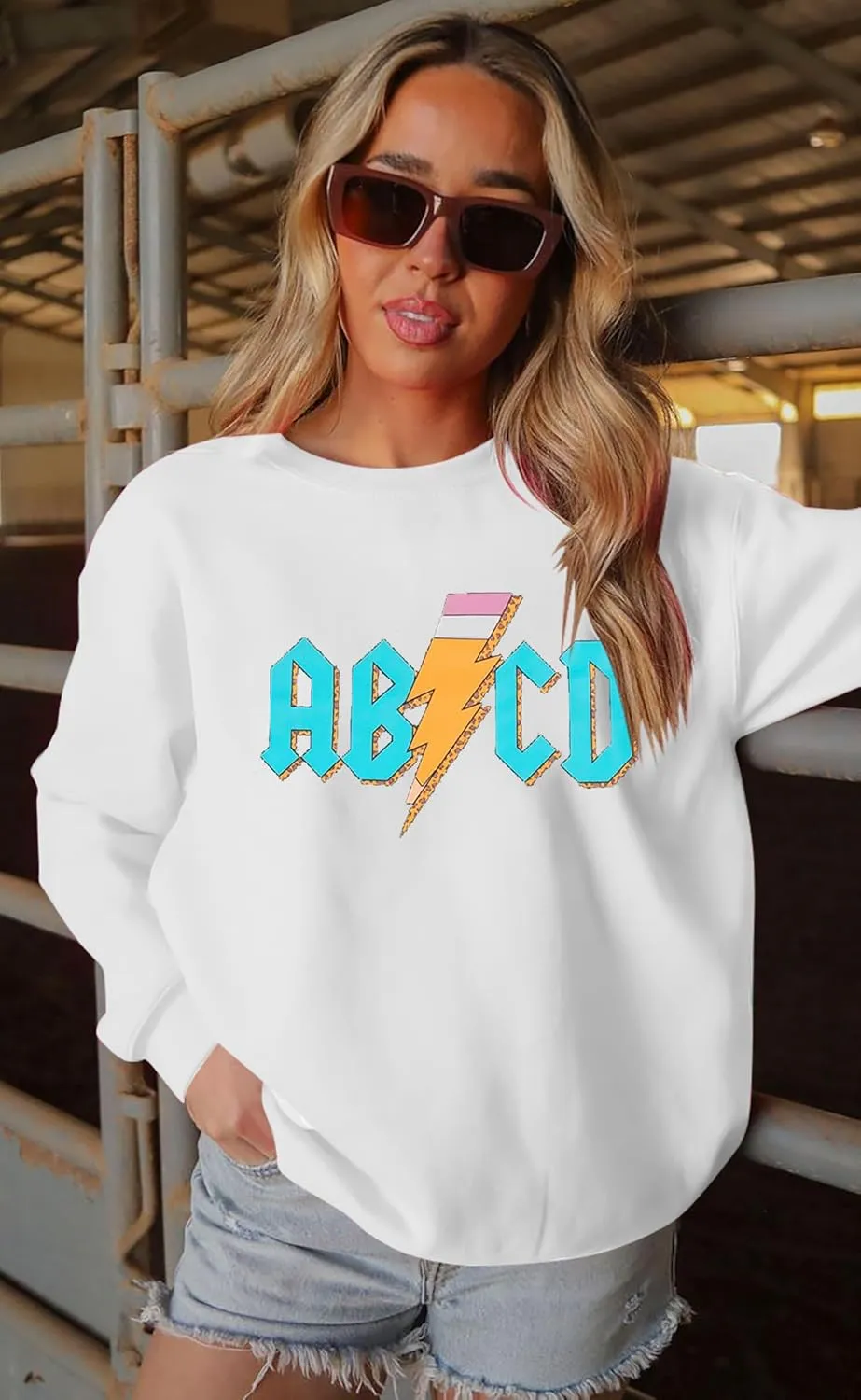 MAXIMGR Teacher Sweatshirt Women Oversized Rock'n Roll Sweatshirt ABCD Alphabet Graphic Back to School Pullover Top