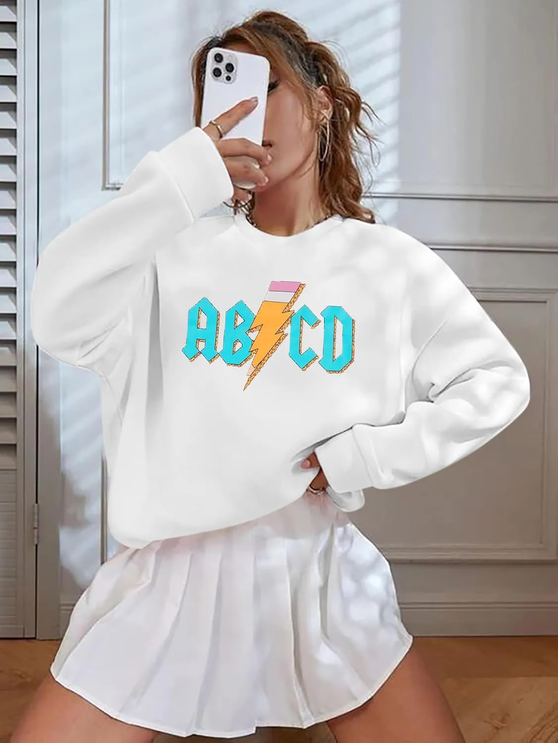 MAXIMGR Teacher Sweatshirt Women Oversized Rock'n Roll Sweatshirt ABCD Alphabet Graphic Back to School Pullover Top