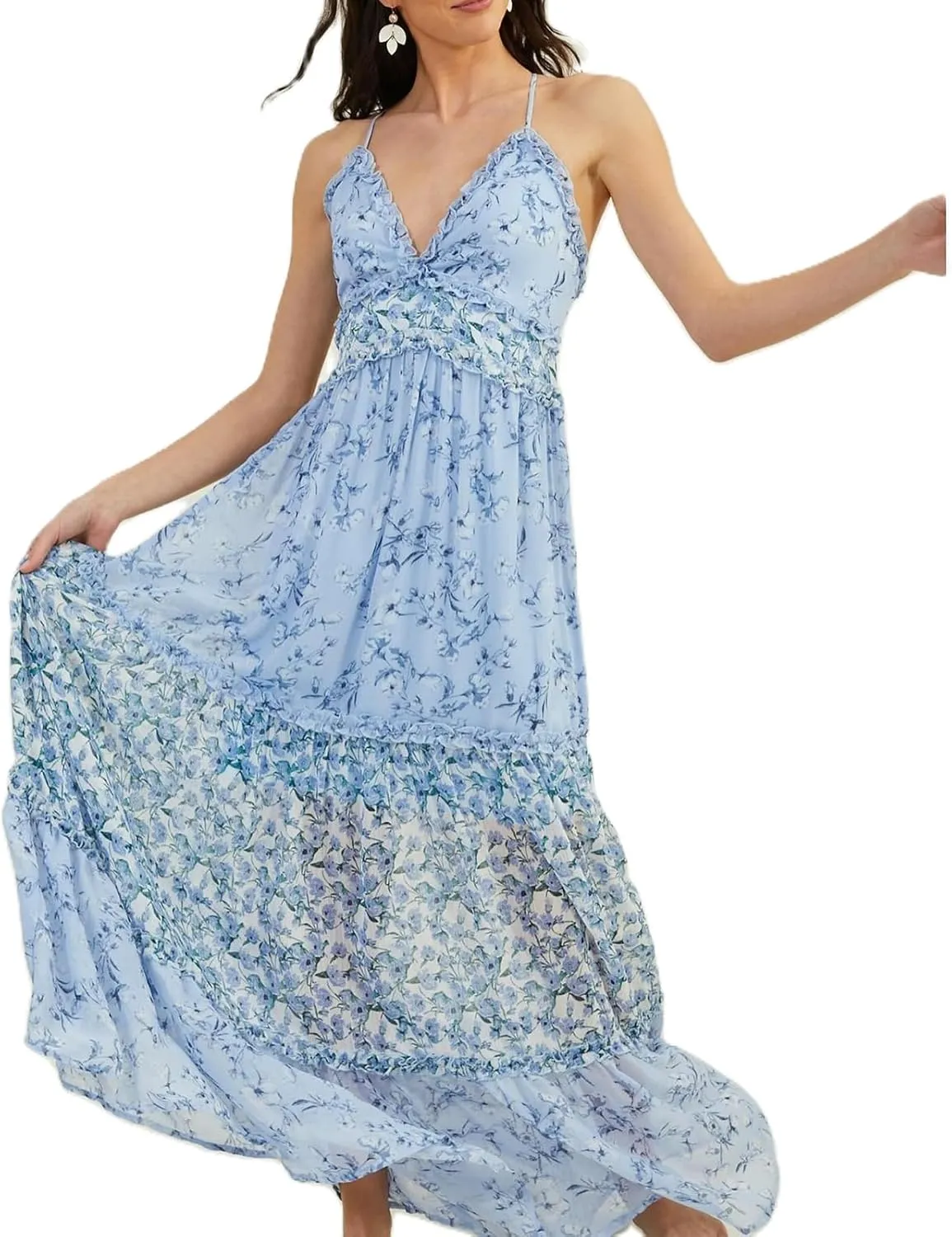 Meiweileya Women Spaghetti Strap Maxi Dress Y2k Floral Lace Trim Ruffle Long Dress Boho Patchwork Flowy Summer Beach Sundress