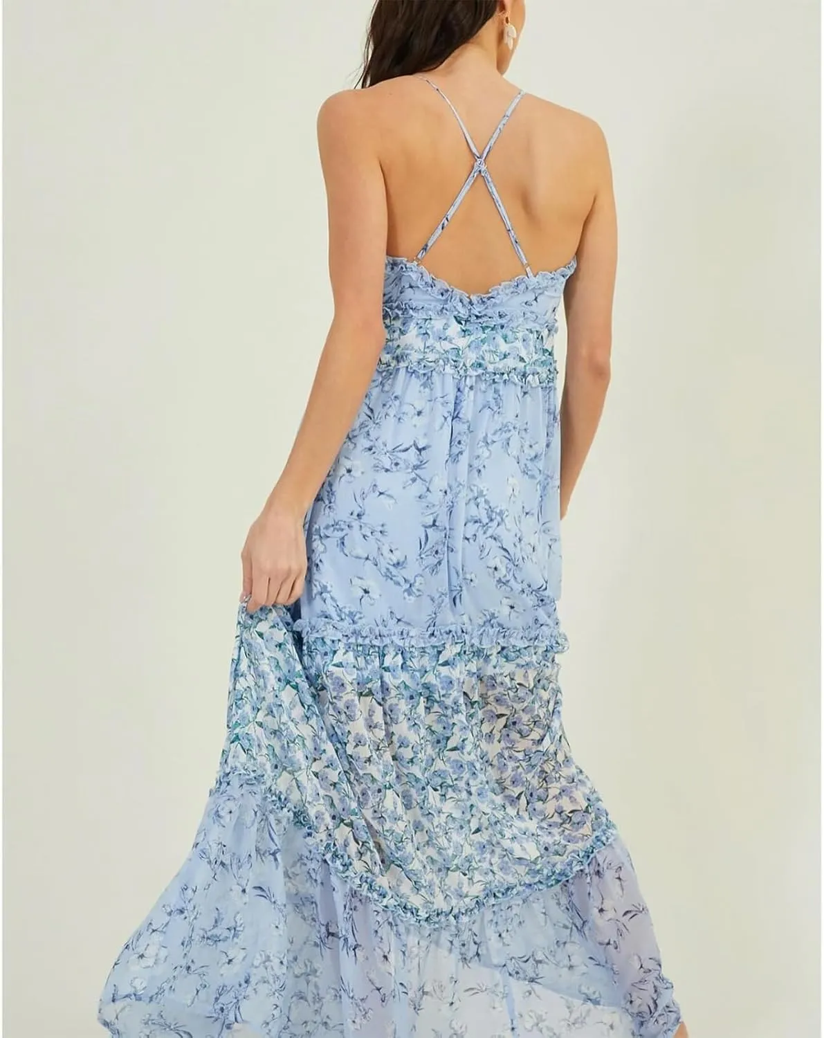 Meiweileya Women Spaghetti Strap Maxi Dress Y2k Floral Lace Trim Ruffle Long Dress Boho Patchwork Flowy Summer Beach Sundress
