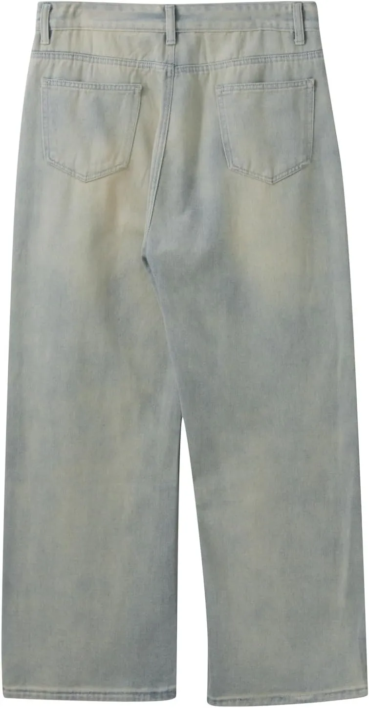 Men Jeans Vintage Mid Rise Baggy Straight Leg Jeans, Casual Stretch Loose Fit Hip Hop Denim Pants Streetwear