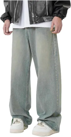 Men Jeans Vintage Mid Rise Baggy Straight Leg Jeans, Casual Stretch Loose Fit Hip Hop Denim Pants Streetwear