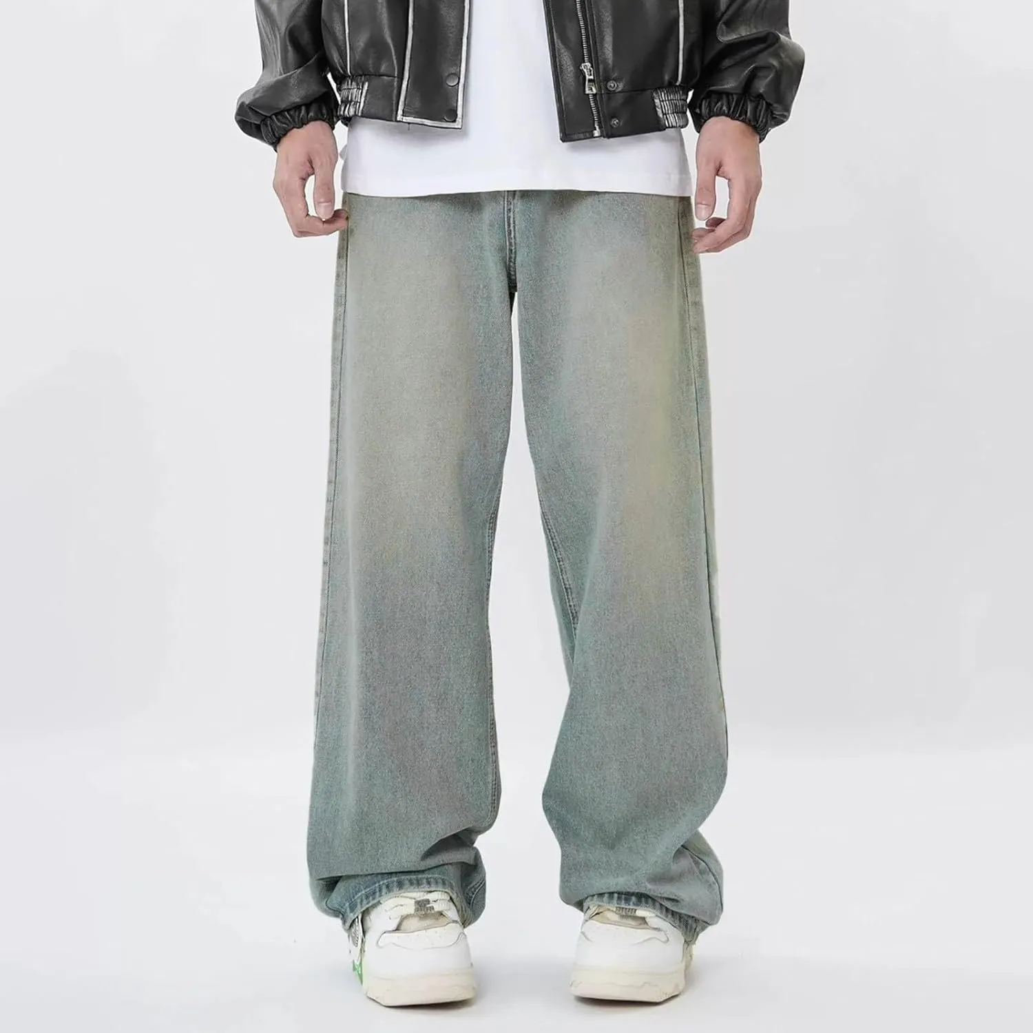 Men Jeans Vintage Mid Rise Baggy Straight Leg Jeans, Casual Stretch Loose Fit Hip Hop Denim Pants Streetwear