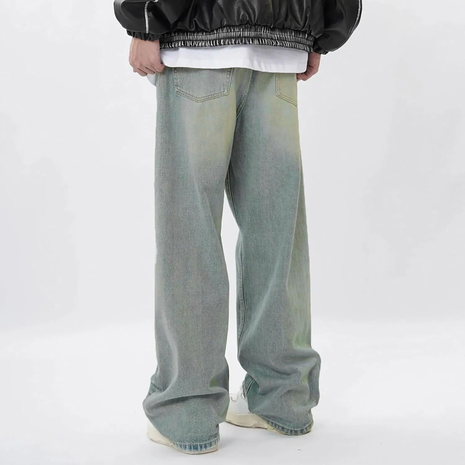 Men Jeans Vintage Mid Rise Baggy Straight Leg Jeans, Casual Stretch Loose Fit Hip Hop Denim Pants Streetwear