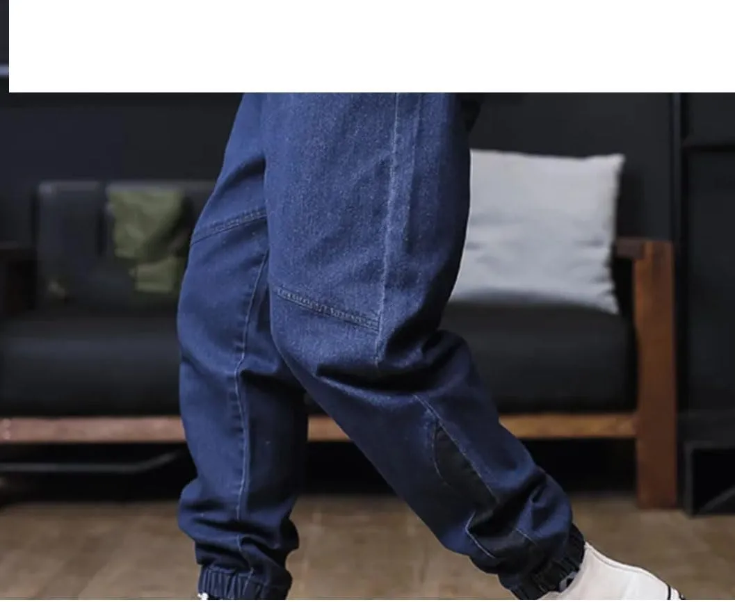 Men Plus Size Jeans Drawstring Elastic Waist Baggy Denim Pants Loose Joggers Streetwear Harem Jeans Cargo Pants