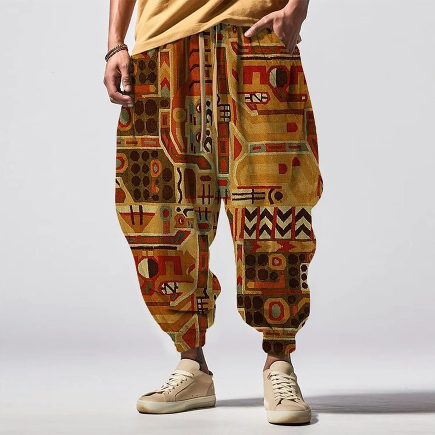 Mens Cotton Linen Waist Casual Ankle Length Pants Sweatpants Mens Loungg Pants Techwear Pants Mens White