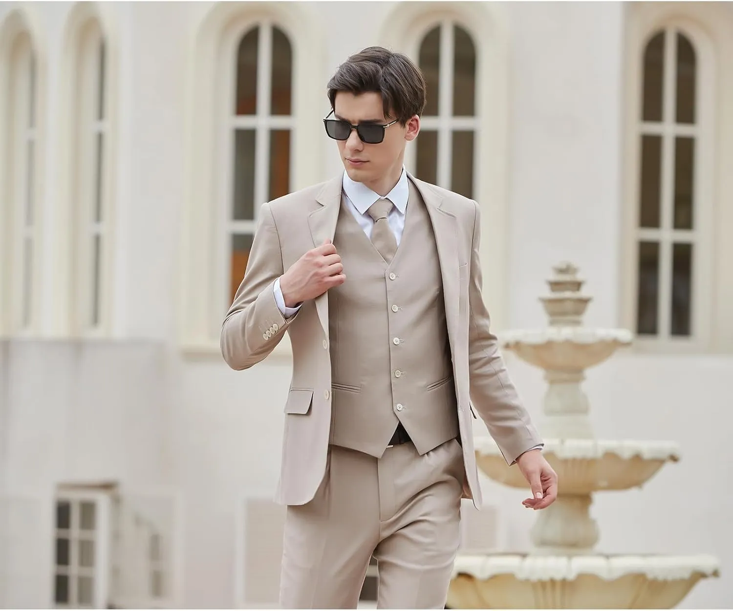 Men's herringbone Linen Suits Beach Wedding Tuxedo Summer Slim Fit Light Weight 3 Pieces