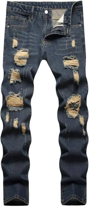 Men's Jeans Slim Fit Ripped Straight Leg Distressed Fashion Denim Pants