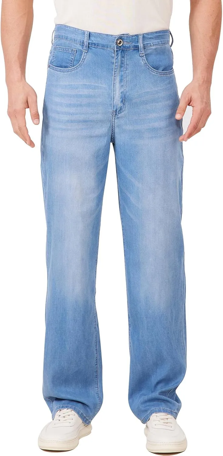 Mens Lyocell Loose Fit Jeans Business Casual Thin and Light Summer Baggy Denim Pants